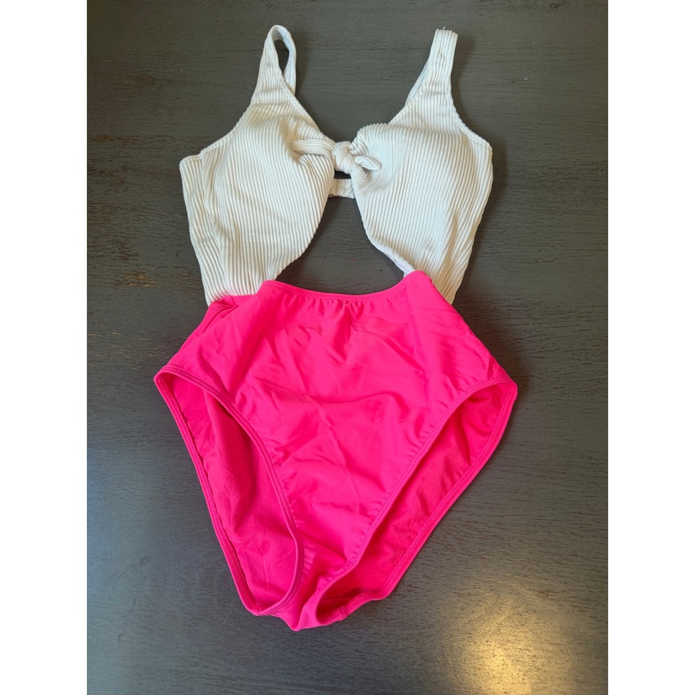 Hollister Swim Womens Medium Ribbed Cutout One Piece Swimsuit Neon Pink White